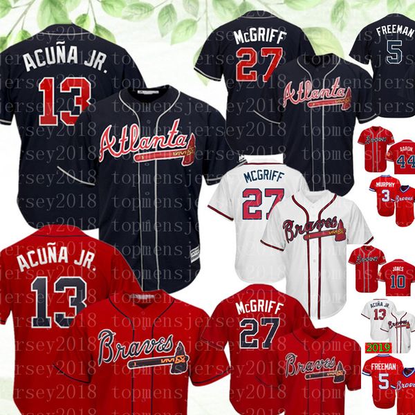 

Atlanta 2019 Braves 13 Ronald Acuña Jr. 27 Austin Riley Jersey 10 Chipper Jones 44 Hank Aaron 5 Freddie Freeman Jerseys 2020