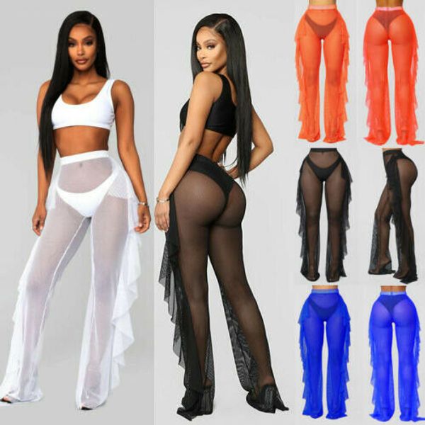 womens beach mesh sheer wide leg pants ruffle bikini cover up flared trousers, Blue;gray
womens beach mesh sheer wide leg pants ruffle bikini cover up flared trousers, Blue;gray