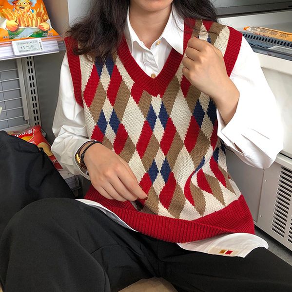 women vintage hit color argyle knitted sweater vest autumn new v neck sleeveless sweaters harajuku woman jumpers, Black;white
women vintage hit color argyle knitted sweater vest autumn new v neck sleeveless sweaters harajuku woman jumpers, Black;white