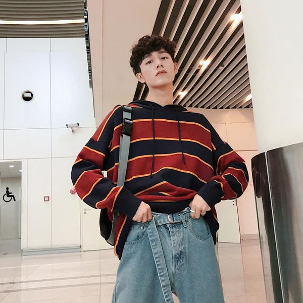 2018 korean style men's fashion stripe printing hat knitting pullover loose coats casual red/yellow color sweaters size -2xl, White;black
2018 korean style men's fashion stripe printing hat knitting pullover loose coats casual red/yellow color sweaters size -2xl, White;black