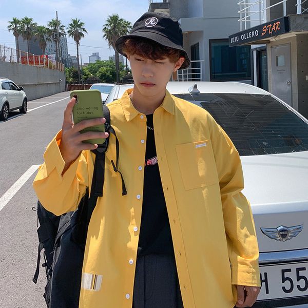 2019 spring and autumn new loose fashion casual tooling solid printing long-sleeved shirt male black yellow / emerald colorm-5xl, White;black 
2019 spring and autumn new loose fashion casual tooling solid printing long-sleeved shirt male black yellow / emerald colorm-5xl, White;black