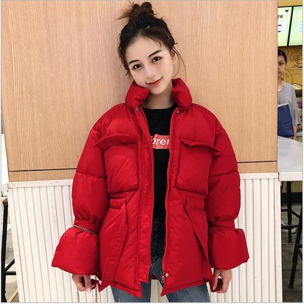 

women's down & parkas short coat female loose drawstring waist winter jacket women cotton stand collar trumpet sleeve bread parka r299, Black