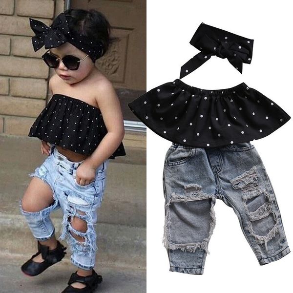 fashion toddler baby girls black blouse hole casual denim pants outfits set