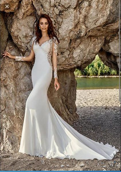 2019 new v-neck applique chiffon wedding dress 100% true picture vintage mermaid vestidos de noiva, White 
2019 new v-neck applique chiffon wedding dress 100% true picture vintage mermaid vestidos de noiva, White