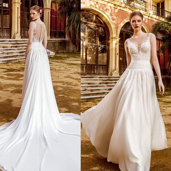 a-line floral wedding dresses jewel sheer sleevless lace sequins appliqued elegant bridal gown sweep train custom made robes de mariée, White
a-line floral wedding dresses jewel sheer sleevless lace sequins appliqued elegant bridal gown sweep train custom made robes de mariée, White