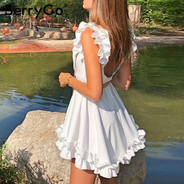 berrygo backless ruffle party dresses women elegant pleated summer white dress high waist casual short dress vestidos 2019, Black;gray
berrygo backless ruffle party dresses women elegant pleated summer white dress high waist casual short dress vestidos 2019, Black;gray
