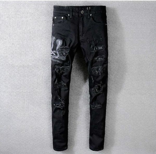 mens ripped snake embroidery skinny denim jeans fashion designer distressed slim fit motorcycle biker jeans beggar hip new arrival, Blue
mens ripped snake embroidery skinny denim jeans fashion designer distressed slim fit motorcycle biker jeans beggar hip new arrival, Blue