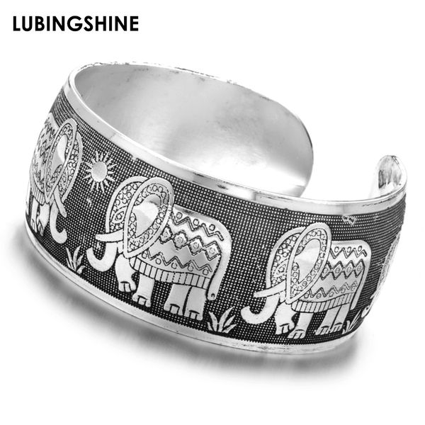 

vintage tibetan silver color opening wide bangle animal elephant carving charms bracelet bangle for women men cuff jewelry, Black