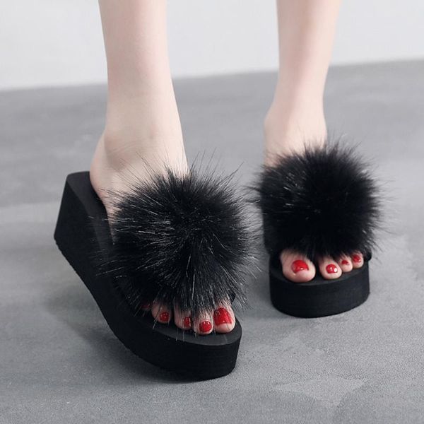 women high heel slippers shoes winter hairy ball flip flops indoor outdoor non-slip slippers ladies wedges slides shoes #40, Black
women high heel slippers shoes winter hairy ball flip flops indoor outdoor non-slip slippers ladies wedges slides shoes #40, Black