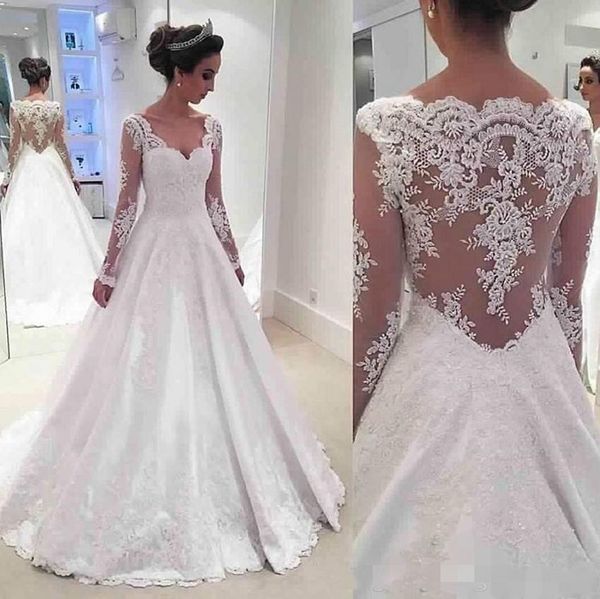 2020 modest long sleeves wedding dresses scalloped v neck lace applique sweep train illusion bodice satin wedding gown vestido de novia, White
2020 modest long sleeves wedding dresses scalloped v neck lace applique sweep train illusion bodice satin wedding gown vestido de novia, White