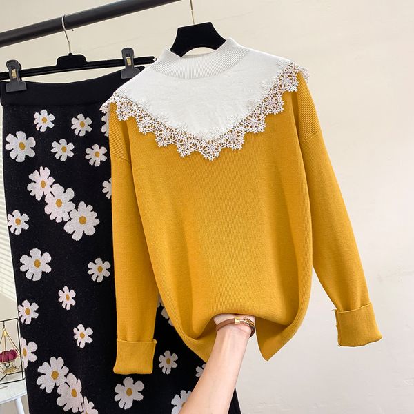version of 2009 lace stitching long sleeve half-high collar knitted sweater with loose undercoat is a fairy sweater, Black
version of 2009 lace stitching long sleeve half-high collar knitted sweater with loose undercoat is a fairy sweater, Black