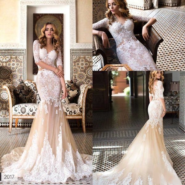 2020 champagne vintage v neck lace mermaid wedding dresses with 1/2 sleeves illusion back court train wedding bridal gowns custom, White
2020 champagne vintage v neck lace mermaid wedding dresses with 1/2 sleeves illusion back court train wedding bridal gowns custom, White