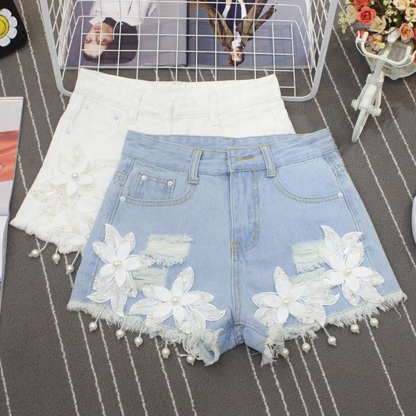 women's shorts 2021 women summer high waist denim flower beading tassels hem mini pantalones feminino, White;black
women's shorts 2021 women summer high waist denim flower beading tassels hem mini pantalones feminino, White;black