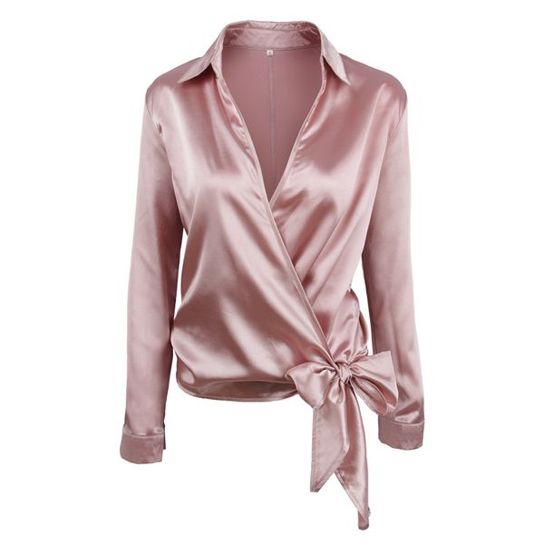 2019 new women's wear knot v collar short long-sleeved shirt female, White
2019 new women's wear knot v collar short long-sleeved shirt female, White