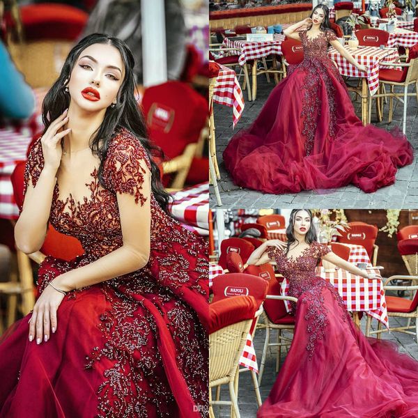 2020 arabic burgundy evening dresses beads sheer neck a line short sleeves prom dresses custom made luxury formal party gowns, Black;red
2020 arabic burgundy evening dresses beads sheer neck a line short sleeves prom dresses custom made luxury formal party gowns, Black;red