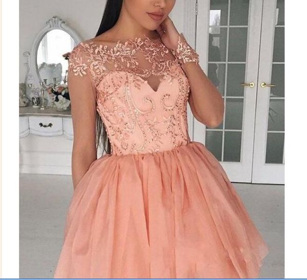 blush pink sheer neck short party dresses with lace appliques see through homecoming dress tulle and zipper back short prom dress, Red
blush pink sheer neck short party dresses with lace appliques see through homecoming dress tulle and zipper back short prom dress, Red