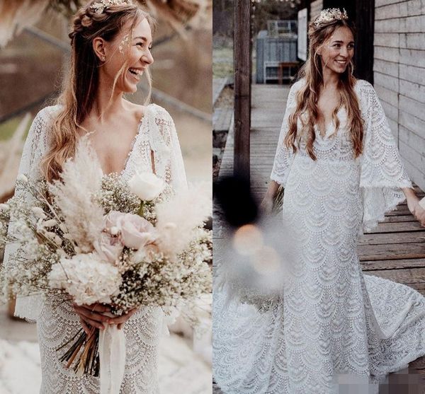 2020 bohemian lace wedding dresses long poet sleeves plus size scalloped v neck chapel train country wedding bridal gown vestido de novia, White
2020 bohemian lace wedding dresses long poet sleeves plus size scalloped v neck chapel train country wedding bridal gown vestido de novia, White