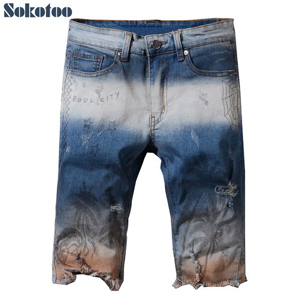 sokotoo men's summer knee length coconut tree printed contrast color shorts fashion painted ripped denim jeans, Blue
sokotoo men's summer knee length coconut tree printed contrast color shorts fashion painted ripped denim jeans, Blue