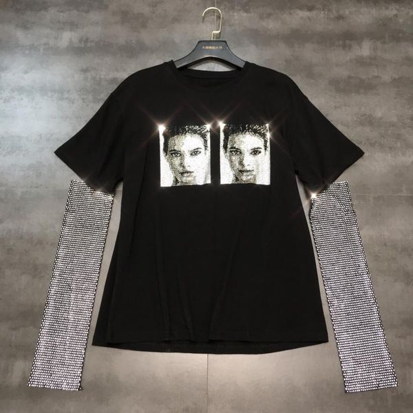 2019 new autumn and winter character ironing drawing hollow water diamond removable sleeve t-shirt women black shirt, White
2019 new autumn and winter character ironing drawing hollow water diamond removable sleeve t-shirt women black shirt, White