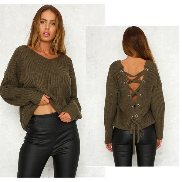 autumn winter women casual backless knitting pullover fashion lace up sweater hollow out jumper pull femme, White;black
autumn winter women casual backless knitting pullover fashion lace up sweater hollow out jumper pull femme, White;black