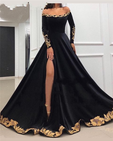 saudi arabic long sleeve evening gowns formal dresses gold flowers lace side high slit off shoulder prom dress women special occasion cheap, Black;red
saudi arabic long sleeve evening gowns formal dresses gold flowers lace side high slit off shoulder prom dress women special occasion cheap, Black;red