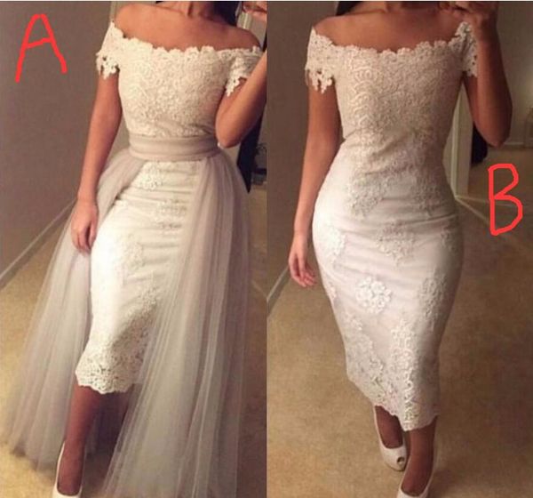 off the shoulder lace tea-length wedding dresses appliques sheath detachable train bridal dresses ruffles short sleeve wedding gowns, White
off the shoulder lace tea-length wedding dresses appliques sheath detachable train bridal dresses ruffles short sleeve wedding gowns, White