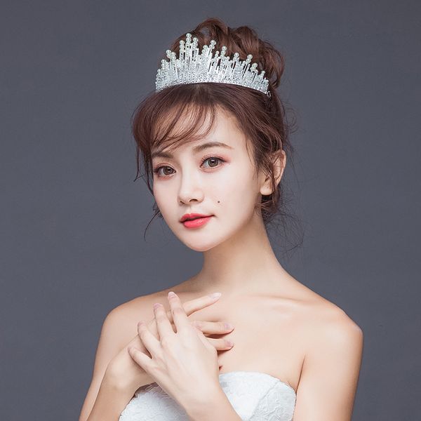 trendy handmade pearl crystal queen tiaras crowns bride wedding hair accessories headpiece hair jewelry headwear for women, Golden;white