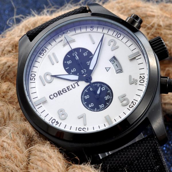 corgeut 46mm men watch white black dial black pvd stainless steel case style full chronograph, Slivery;brown
corgeut 46mm men watch white black dial black pvd stainless steel case style full chronograph, Slivery;brown