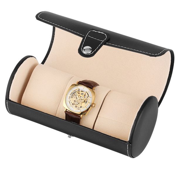 Luxury Black/brown Travel Cylindrical Box Leather Boxes Wrist Watch Jewelry Storage Case Holder With Sponge Watches Accessory