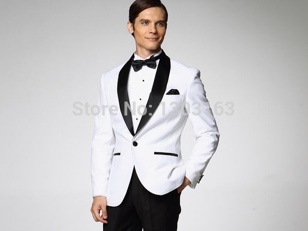 2016 white jacket with black satin lapel groom tuxedos groomsmen man suit mens wedding suits jacket+pants+bow tie+girdle, White;black
2016 white jacket with black satin lapel groom tuxedos groomsmen man suit mens wedding suits jacket+pants+bow tie+girdle, White;black