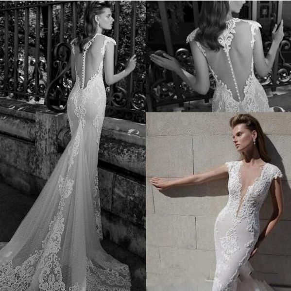 2019 new illusion back berta wedding dresses lace appliques beaded cap sleeves pearls sweep train elegant button back mermaid bridal gowns, White
2019 new illusion back berta wedding dresses lace appliques beaded cap sleeves pearls sweep train elegant button back mermaid bridal gowns, White