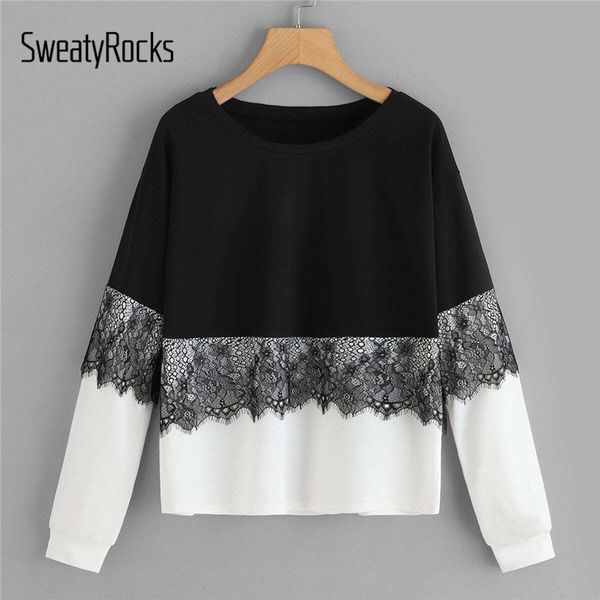 sweatyrocks contrast lace colorblock толстовка 2019 осень черный и белый пуловеры повседневный досуг толстовки, Black 
sweatyrocks contrast lace colorblock толстовка 2019 осень черный и белый пуловеры повседневный досуг толстовки, Black
