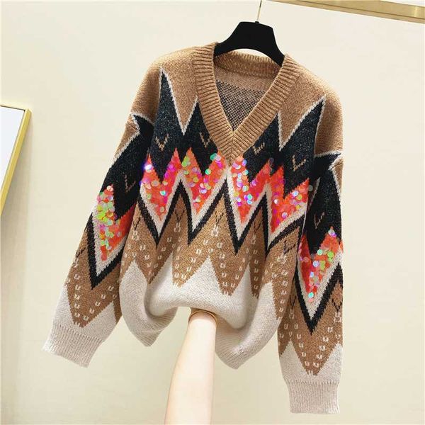 2020 spring autumn color panel sequined embroidered sweater women's v-neck sweater loose-fit lazy-style sequin sweter, White;black
2020 spring autumn color panel sequined embroidered sweater women's v-neck sweater loose-fit lazy-style sequin sweter, White;black
