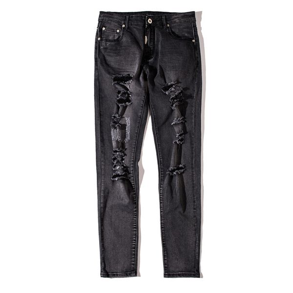 

Kanye Ripped Hole Mens Jeans FOG Ripped Mid Width Pencil Pants Black Washed Jeans