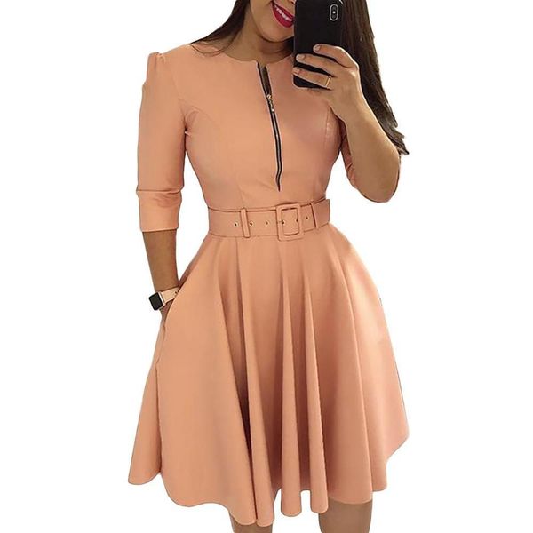 women fall half sleeve elegant tunic party dress female solid zipper belted pleated casual office dress vestidos mujer l0041, Black;gray
women fall half sleeve elegant tunic party dress female solid zipper belted pleated casual office dress vestidos mujer l0041, Black;gray