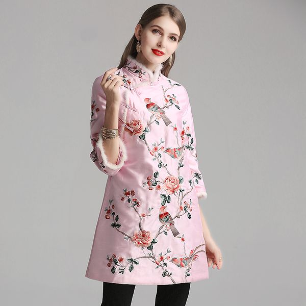 chinese style retro button parkas coat 2019 winter women's flower bird embroidery slim long fur cotton padded cheongsam top, Black
chinese style retro button parkas coat 2019 winter women's flower bird embroidery slim long fur cotton padded cheongsam top, Black