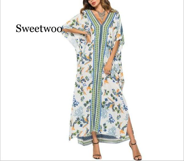 2020 new bohemian summer large size loose dress women vintage floral print batwing sleeve v neck split maxi dress, White;black
2020 new bohemian summer large size loose dress women vintage floral print batwing sleeve v neck split maxi dress, White;black