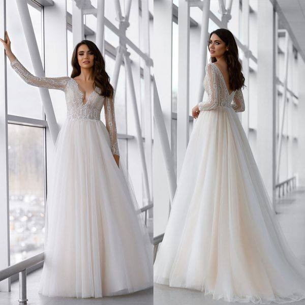 oksana mukha 2021 wedding dresses v neck long sleeves sweep train bridal gowns custom made lace appliques a line wedding dress, White
oksana mukha 2021 wedding dresses v neck long sleeves sweep train bridal gowns custom made lace appliques a line wedding dress, White