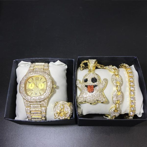 men gold watch hip hop men watch & necklace& braclete&ring out cuban combo set jewerly hip hop necklace chain for, Silver