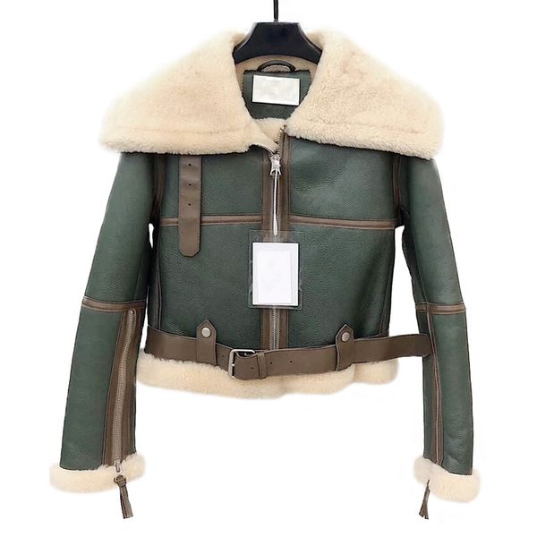 

2019 ins design sheep fur jacket winter women outwear warm real sheep fur coat belt zipper thick leather jacket, Black