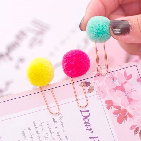 Women Girl Candy Color Pom Pom Ball Paper Clips Notes Decoration Diy Bookmark Metal Binder Clips Notes Letter Filing Clip Pins