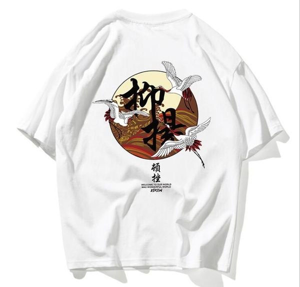 nanxia disguise 7934 summer backside crane pattern printed cotton short-sleeved national tide loose cotton round neck t-shirt male fast deli, White;black
