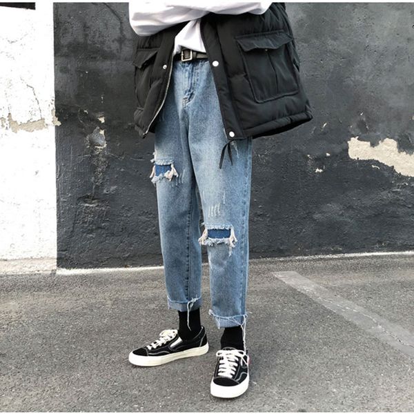 loose fit jeans men's spring autumn holes casual nine pants students ankle length mid waist straight harajuku style denim pants, Blue
loose fit jeans men's spring autumn holes casual nine pants students ankle length mid waist straight harajuku style denim pants, Blue