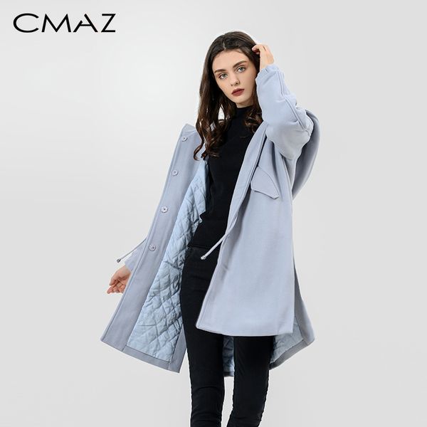 

cmaz hooded wool blends women coats 2019 autumn winter long straight women outwear covered button casual mx16d9615, Black