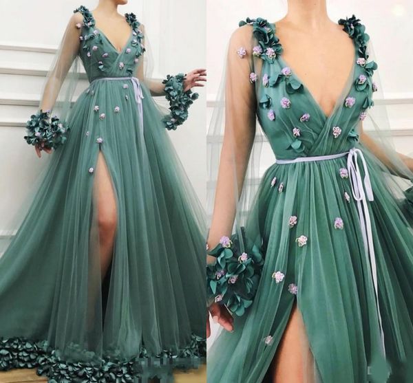 2020 new arabic long sleeves prom dresses hunter green deep v neck 3d floral flowers side split tulle formal evening gowns party dress, Black
2020 new arabic long sleeves prom dresses hunter green deep v neck 3d floral flowers side split tulle formal evening gowns party dress, Black