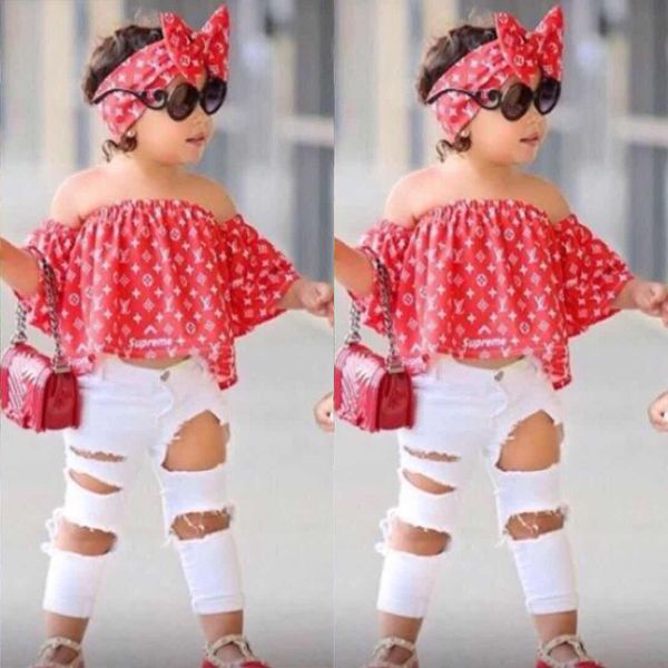 Kids Summer Girls Fashion Clothing Sets Off Shoulder Top Shirt+Hole Pants+Hairband 3pcs Set Outfit Children Clothes
Kids Summer Girls Fashion Clothing Sets Off Shoulder Top Shirt+Hole Pants+Hairband 3pcs Set Outfit Children Clothes