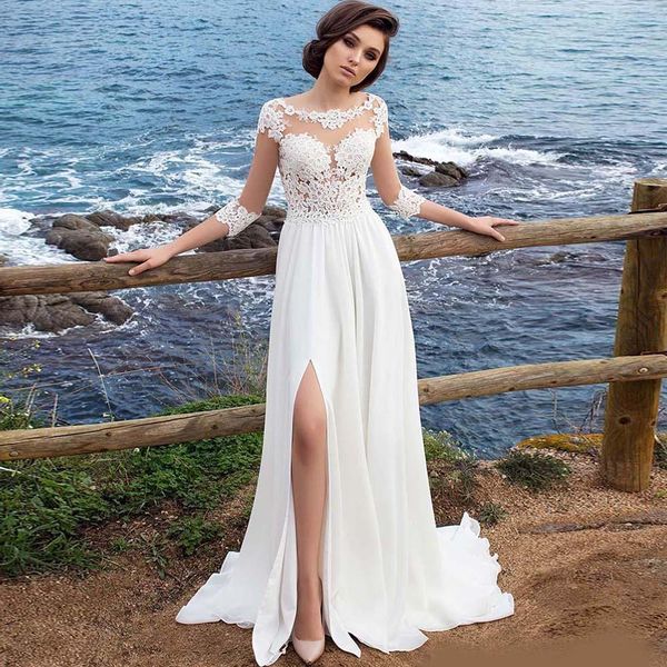 3/4 long sleeves beach bohemian wedding dresses chiffon scoop neck appliques long bridal gowns with side split, White 
3/4 long sleeves beach bohemian wedding dresses chiffon scoop neck appliques long bridal gowns with side split, White