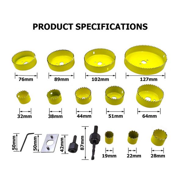 8/11/16pcs woodworking hole saw kit with wood core drill bit mandrels hex key and install plate for plasterboard
8/11/16pcs woodworking hole saw kit with wood core drill bit mandrels hex key and install plate for plasterboard