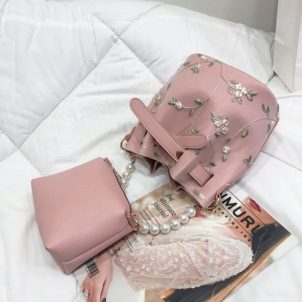 lace flowers women bag set 2019 handbag pu leather sweet girl square bag flower pearl chain shoulder messenger