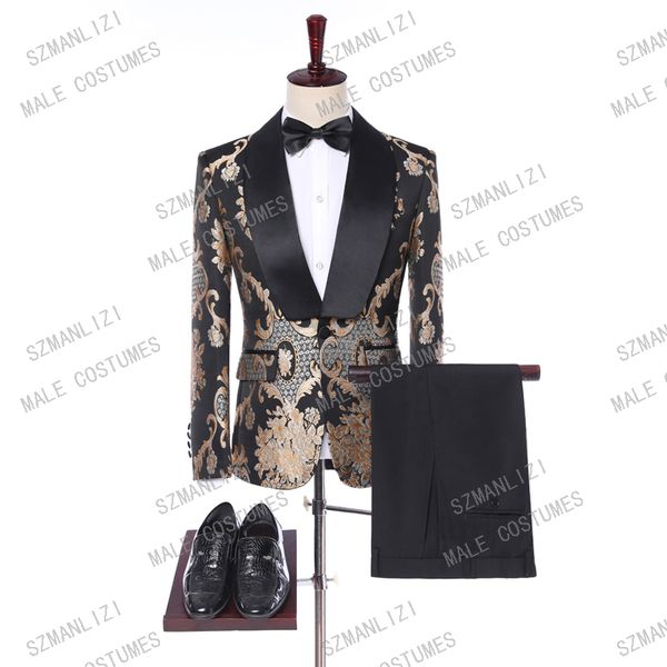 men's suits & blazers mens wedding 2021 italian custom made formal gold jacquard smoking tuxedo jacket 2 piece groom terno party for me, White;black 
men's suits & blazers mens wedding 2021 italian custom made formal gold jacquard smoking tuxedo jacket 2 piece groom terno party for me, White;black